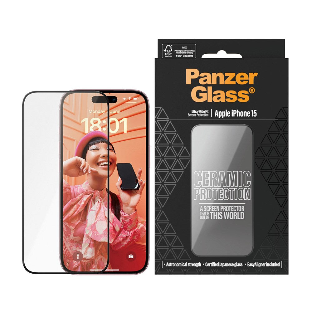 iPhone 15 PanzerGlass Ultra Wide Fit Keramisk Beskyttende glass m. EasyAligner - Black Edge