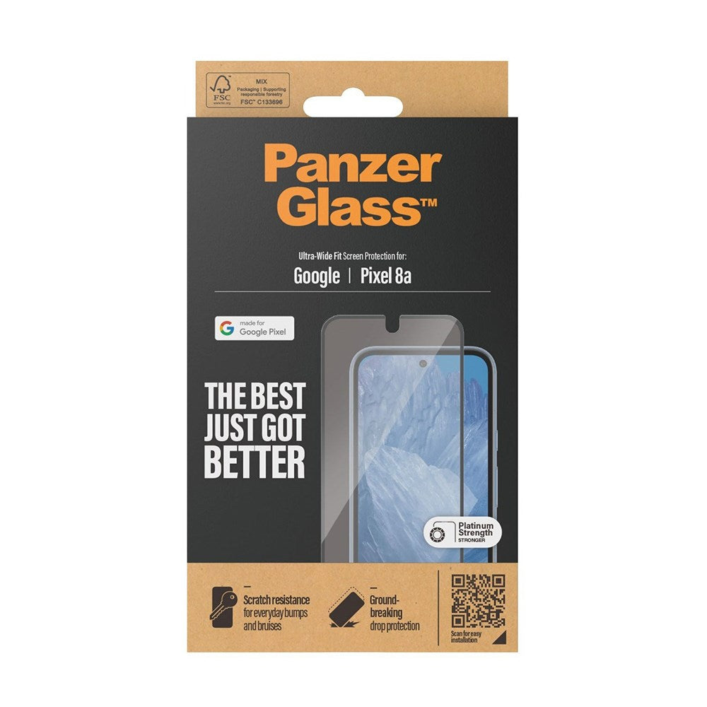 Google Pixel 8a PanzerGlass Ultra Wide Fit skjermbeskytter - Platinum Strength - Black Edge