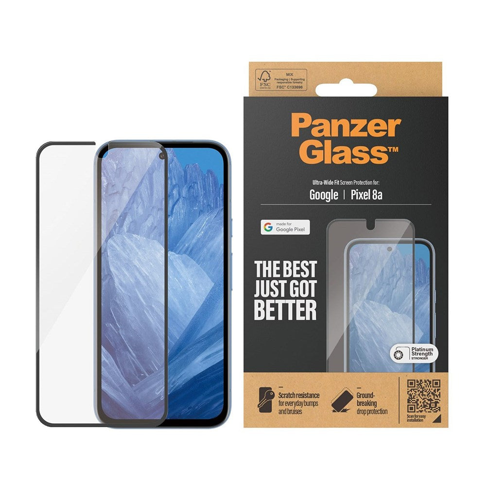 Google Pixel 8a PanzerGlass Ultra Wide Fit skjermbeskytter - Platinum Strength - Black Edge