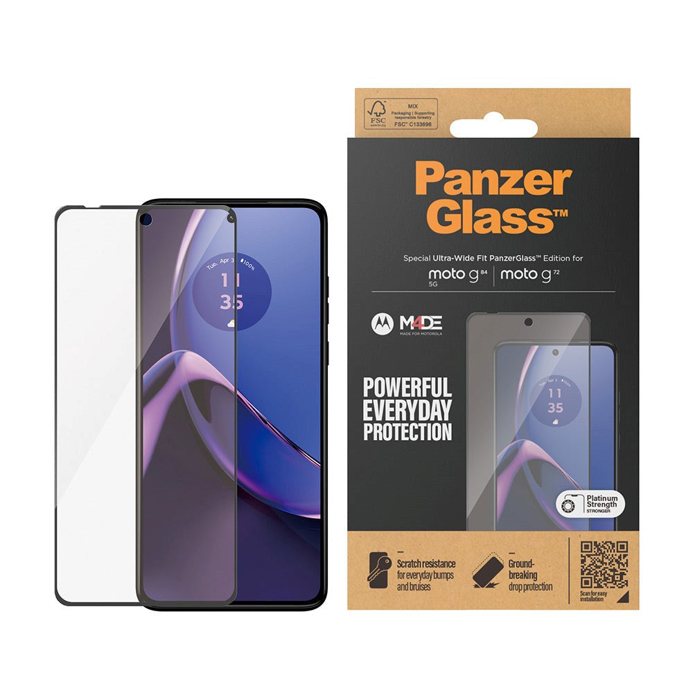 Motorola Moto G72 / G84 PanzerGlass Ultra Wide Fit skjermbeskytter - platinastyrke - svart kant
