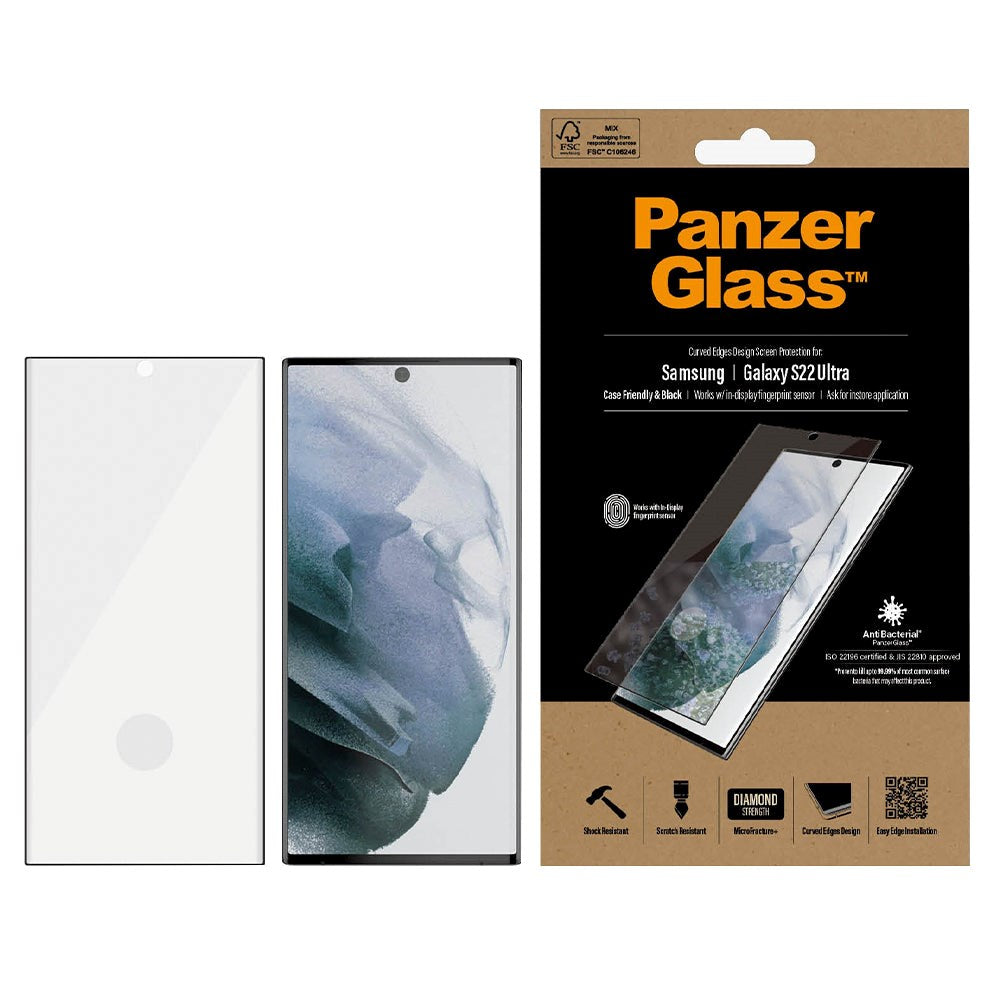 Samsung Galaxy S22 Ultra PanzerGlass antibakterielt herdet glass kant-til-kant - boksvennlig - svart kant