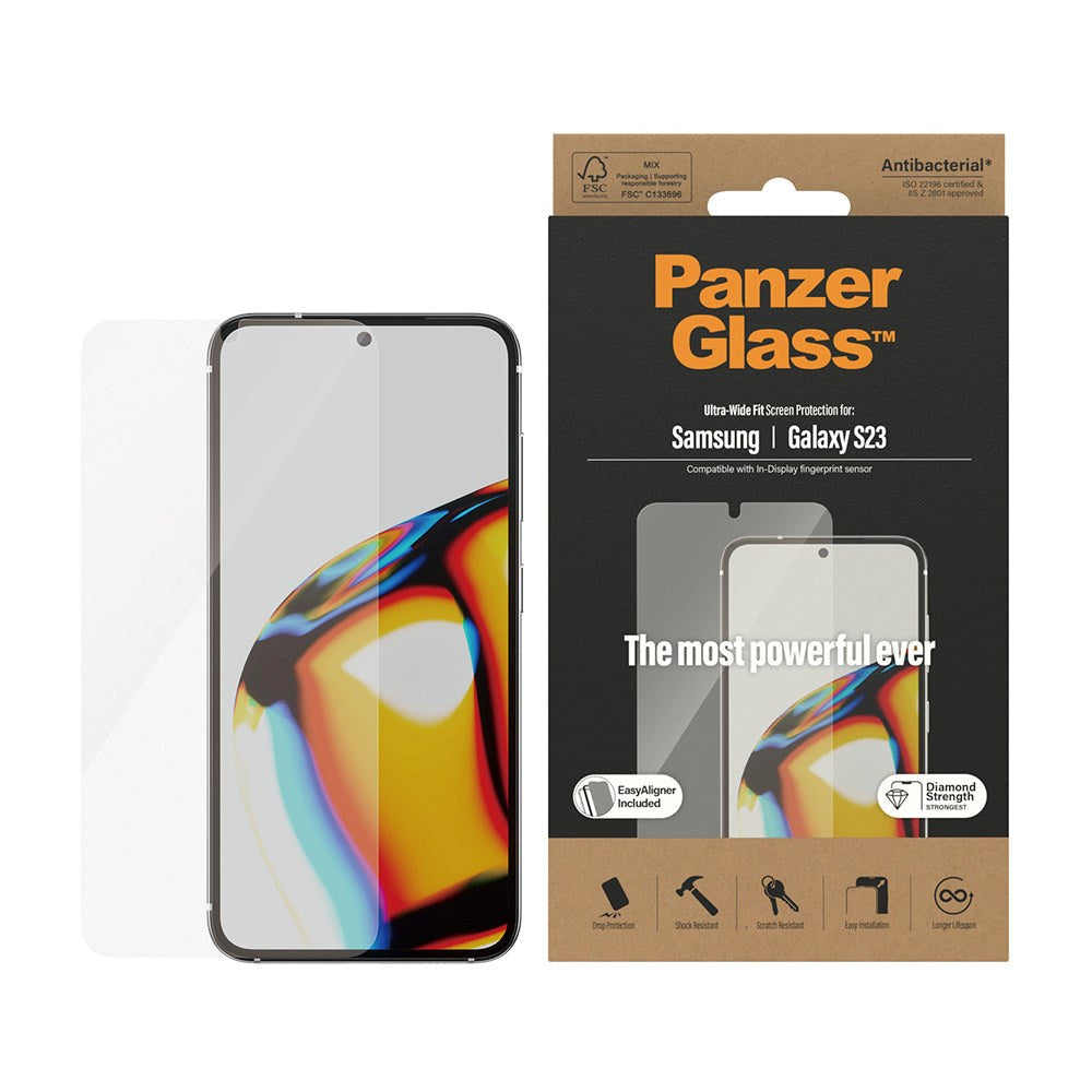 Samsung Galaxy S23 PanzerGlass AntiBacterial Ultra-Wide Fit skjermbeskytter - EasyAligner - Diamantstyrke - Gjennomsiktig