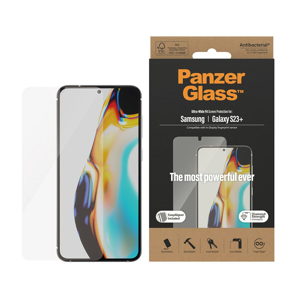 Samsung Galaxy S23+ (Plus) PanzerGlass AntiBacterial Ultra-Wide Fit skjermbeskytter - EasyAligner - Diamantstyrke - Gjennomsiktig