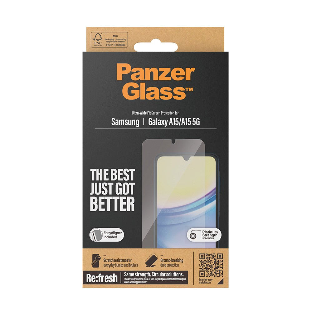 Samsung Galaxy A15 / A15 (5G) PanzerGlass Ultra Wide Fit Re:fresh Beskyttende glass m. EasyAligner - Platinum Strength - Gjennomsiktig