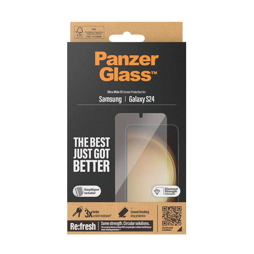 Samsung Galaxy S24 PanzerGlass Ultra Wide Fit Re:fresh Beskyttende glass m. EasyAligner - Diamantstyrke - Gjennomsiktig
