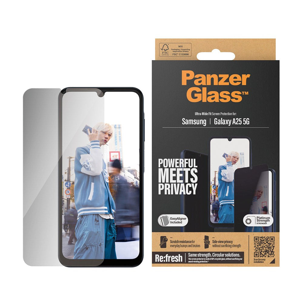Samsung Galaxy A25 (5G) PanzerGlass Ultra Wide Fit Re:fresh Beskyttende glass m. EasyAligner - Personvern - Platinum Styrke - Gjennomsiktig / Svart kant