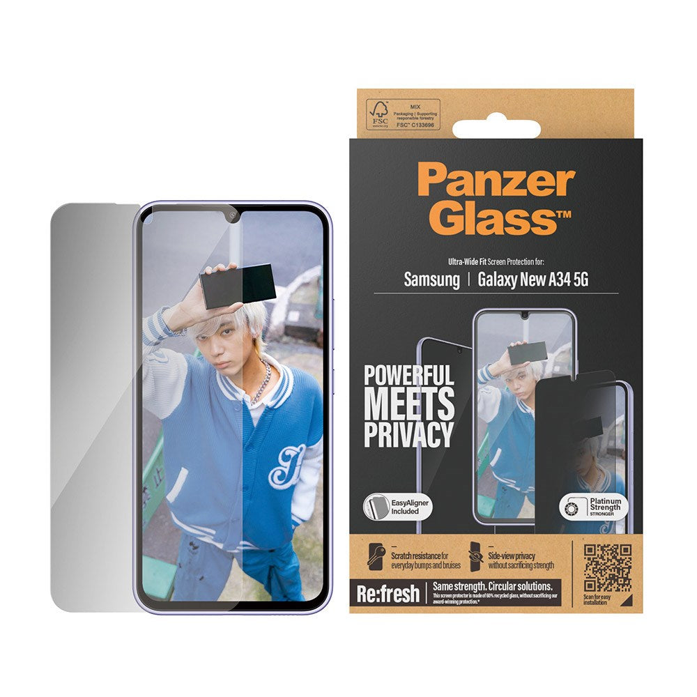 Samsung Galaxy A35 (5G) PanzerGlass Ultra Wide Fit Re:fresh Beskyttende glass m. EasyAligner - Personvern - Platinum Styrke - Gjennomsiktig / Svart kant