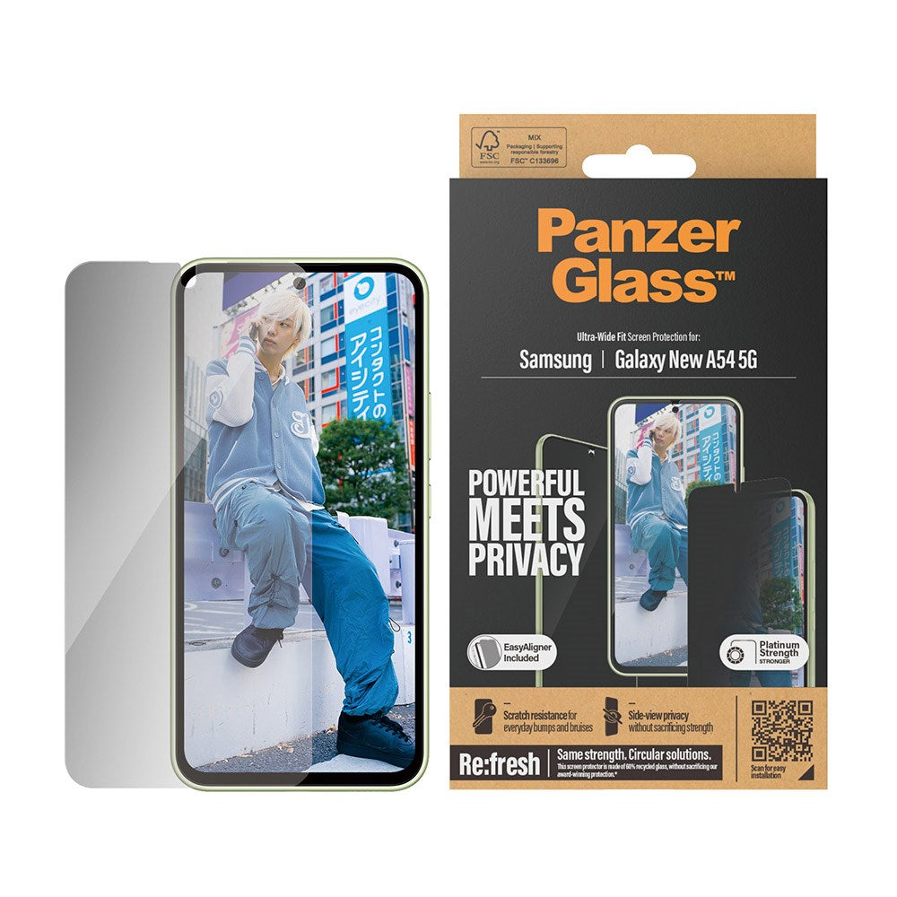 Samsung Galaxy A55 (5G) PvanzerGlass Ultra Wide Fit Re:fresh Beskyttende glass m. EasyAligner - Personvern - Platinum Styrke - Gjennomsiktig / Svart kant