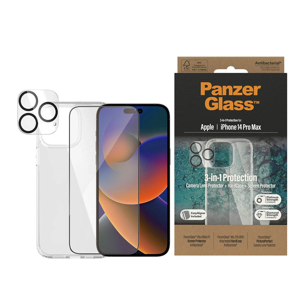 iPhone 14 Pro Max PanzerGlass 3-i-1-pakke m. EasyAligner - Skjermbeskytter (UWF) / Bakdeksel / Kamerabeskyttelse - Gjennomsiktig