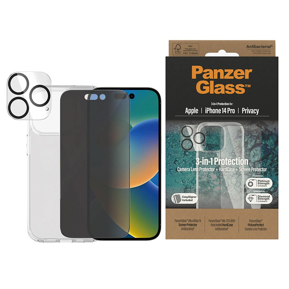 iPhone 14 Pro PanzerGlass 3-i-1 Bundle m. EasyAligner - Privacy Skærmbeskyttelse (UWF) / Bagsidecover / Kamerabeskyttelse - Gennemsigtig