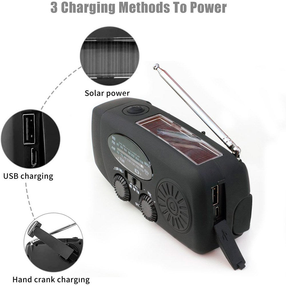 Lippa nødradio m. Solar PowerBank 2000mAh og lommelykt - svart