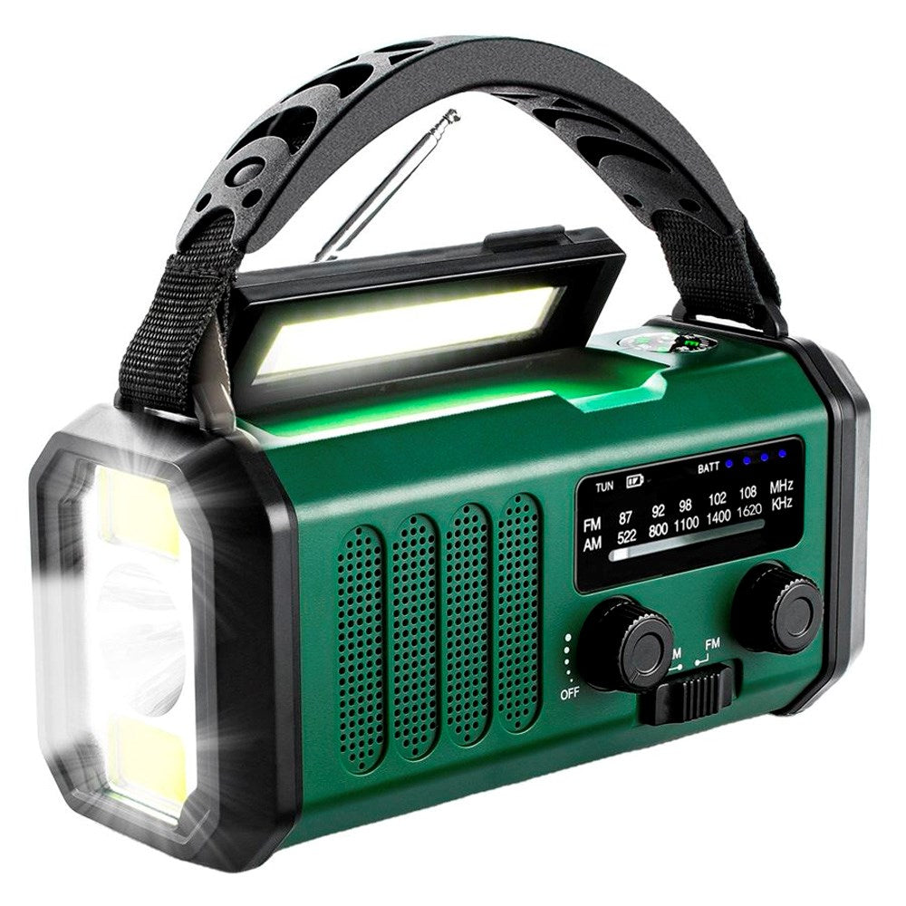 Nødradio Lippa FM - håndsveiv, solcellepanel, kompass, 10 000 mAh Powerbank - Grønn