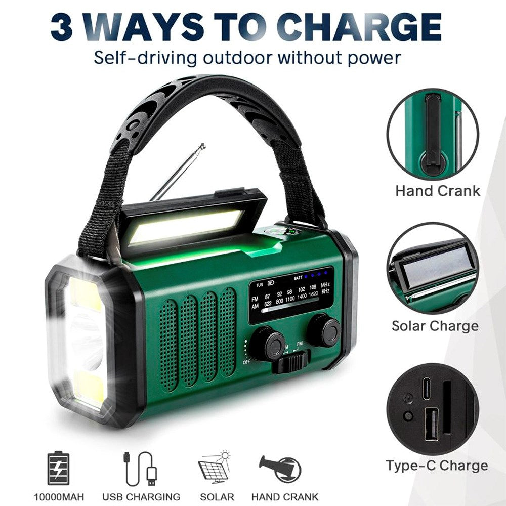 Nødradio Lippa FM - håndsveiv, solcellepanel, kompass, 10 000 mAh Powerbank - Grønn