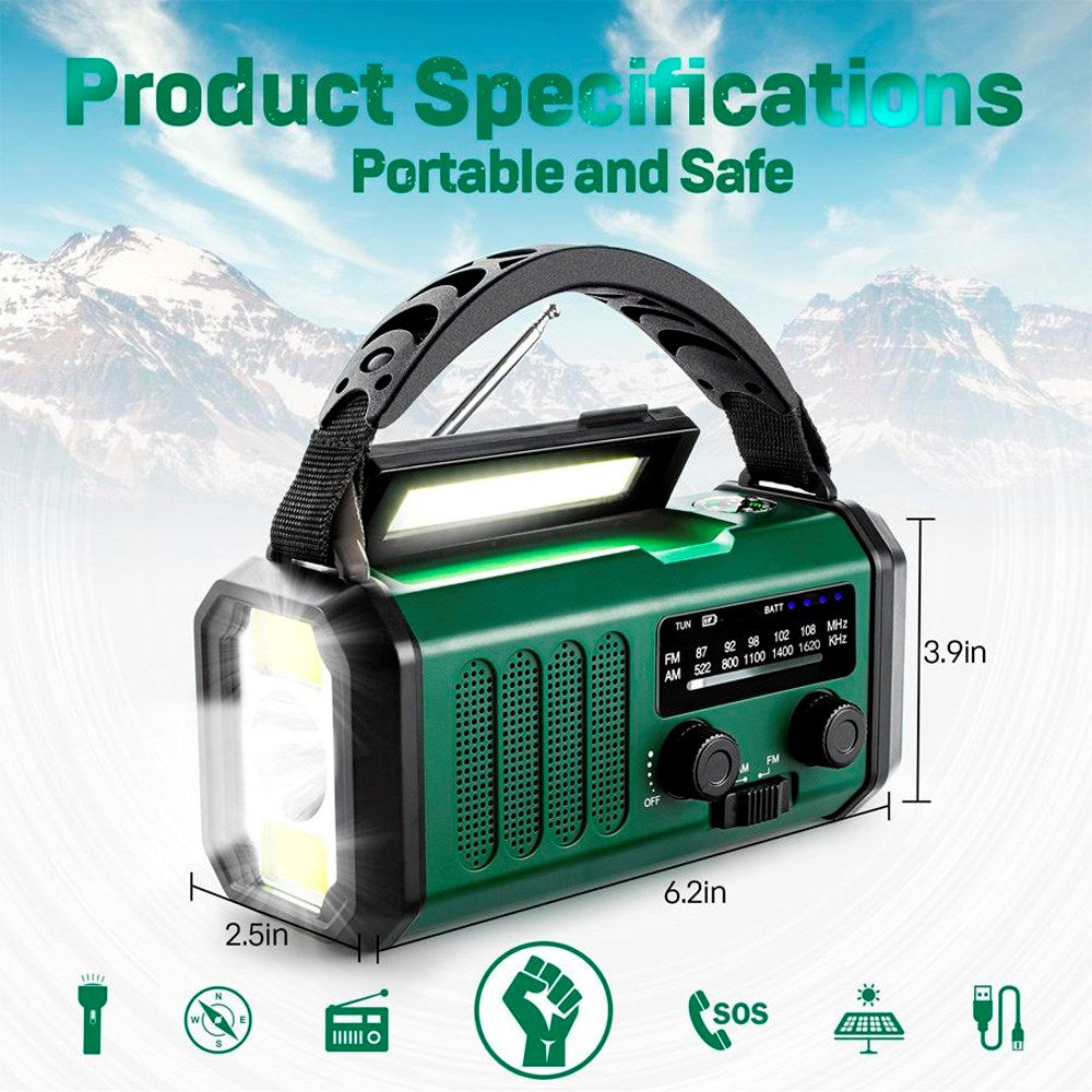 Nødradio Lippa FM - håndsveiv, solcellepanel, kompass, 10 000 mAh Powerbank - Grønn