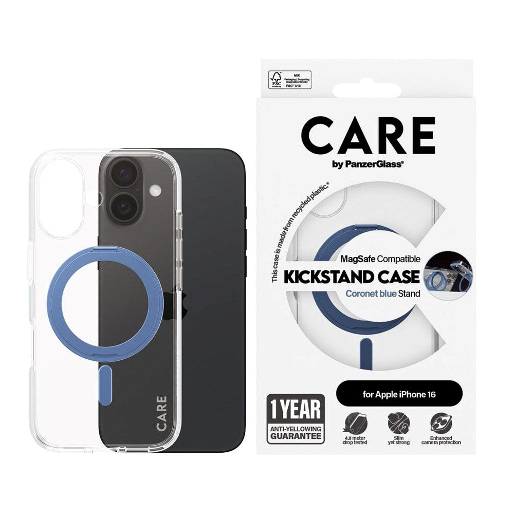 CARE by PanzerGlass iPhone 16 Feature Kickstand Cover - MagSafe-kompatibel - Gjennomsiktig / Coronet Blue