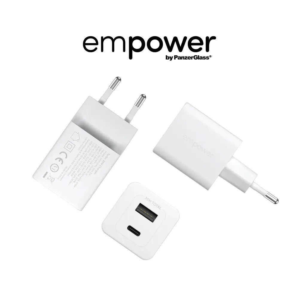 empower by PanzerGlass Turbo Vægoplader - 1x USB-A & 1x USB-C - 35W - Silver White