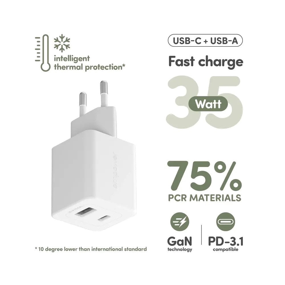 empower by PanzerGlass Turbo Vægoplader - 1x USB-A & 1x USB-C - 35W - Silver White