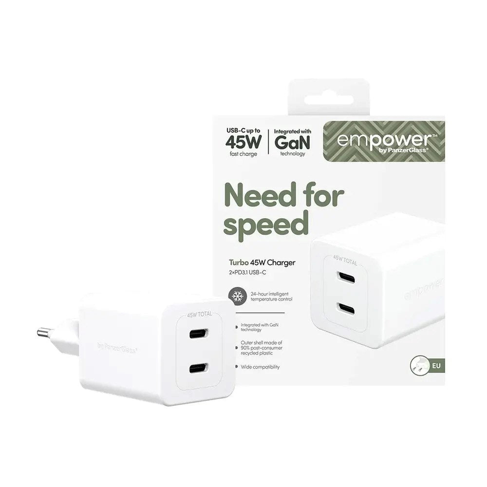 empower by PanzerGlass Turbo Vægoplader - 2x USB-C - 45W - Silver White
