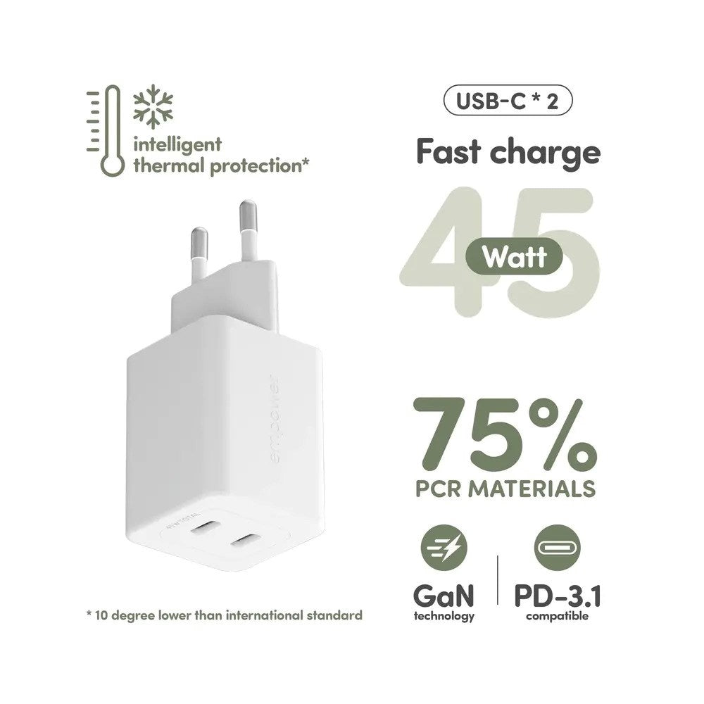 empower by PanzerGlass Turbo Vægoplader - 2x USB-C - 45W - Silver White