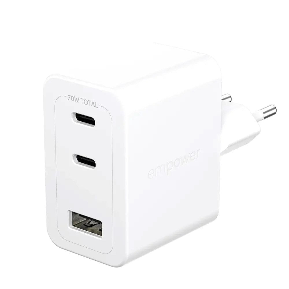 empower by PanzerGlass Turbo Vægoplader - 1x USB-A & 2x USB-C - 70W - Silver White