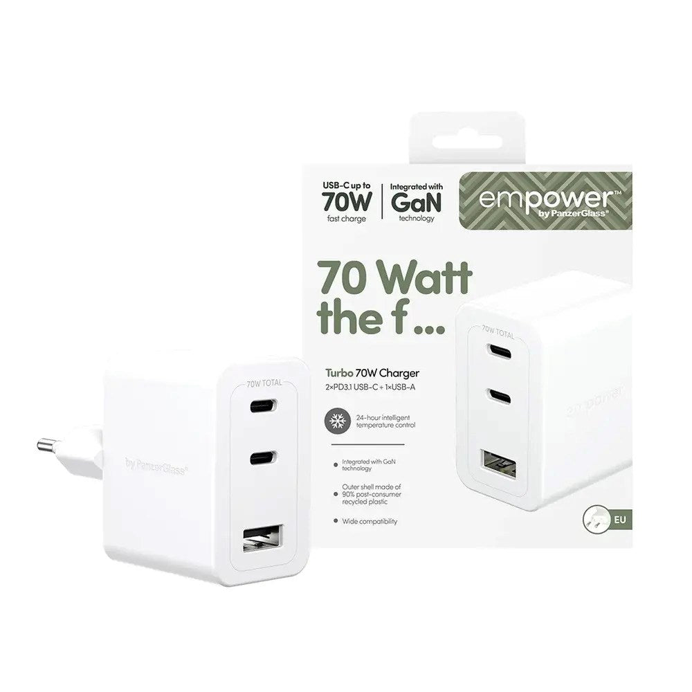 empower by PanzerGlass Turbo Vægoplader - 1x USB-A & 2x USB-C - 70W - Silver White