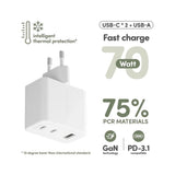 empower by PanzerGlass Turbo Vægoplader - 1x USB-A & 2x USB-C - 70W - Silver White