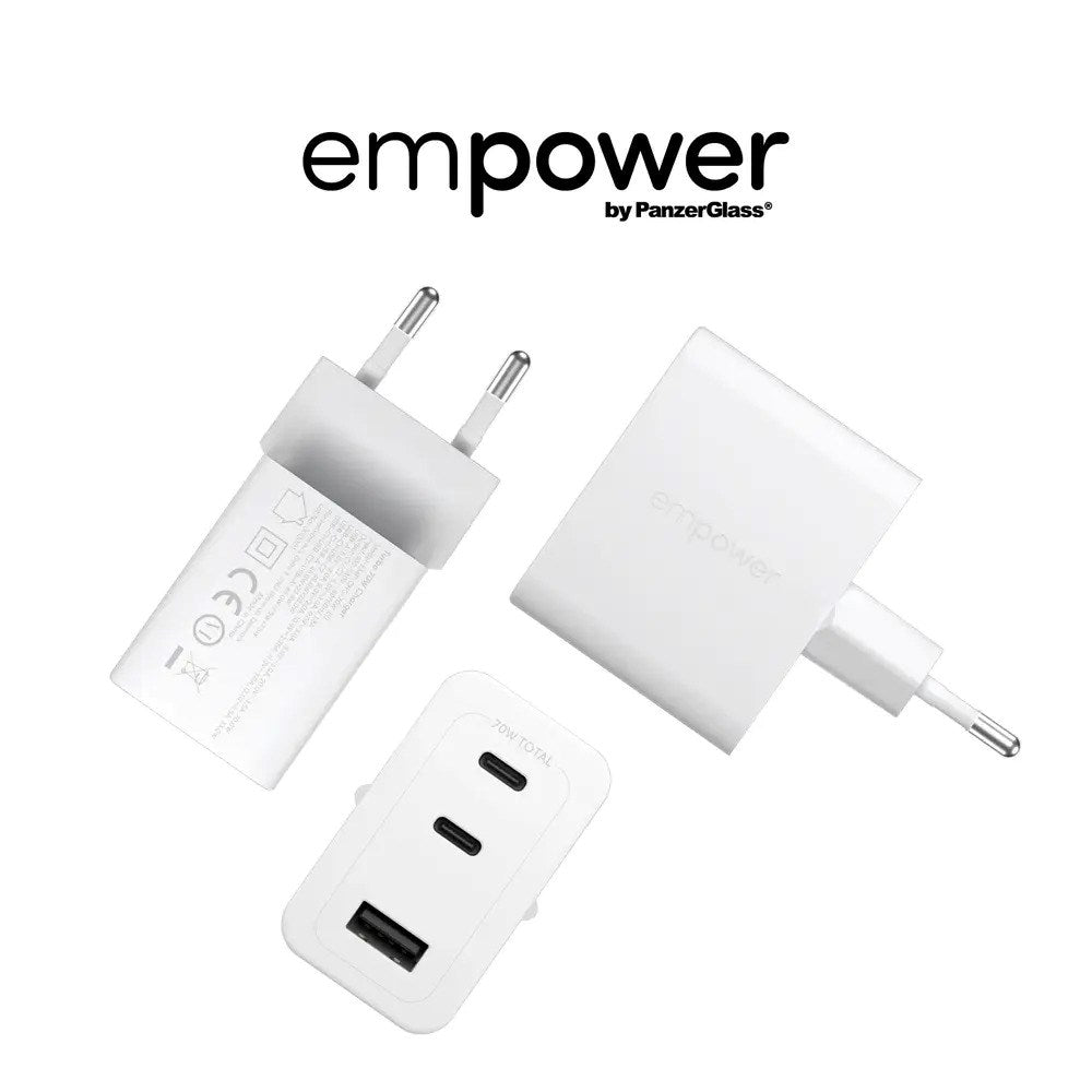 empower by PanzerGlass Turbo Vægoplader - 1x USB-A & 2x USB-C - 70W - Silver White
