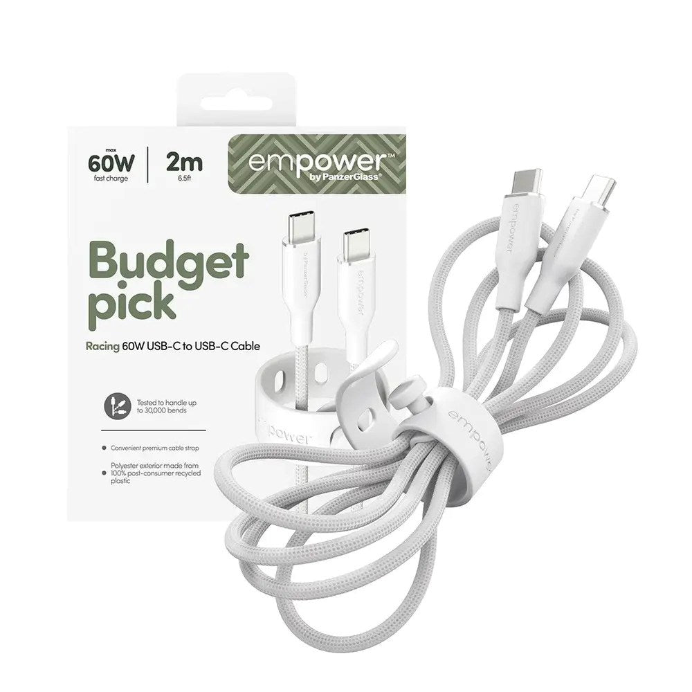 empower by PanzerGlass Racing 2m / 60W USB-C til USB-C Kabel - Silver White