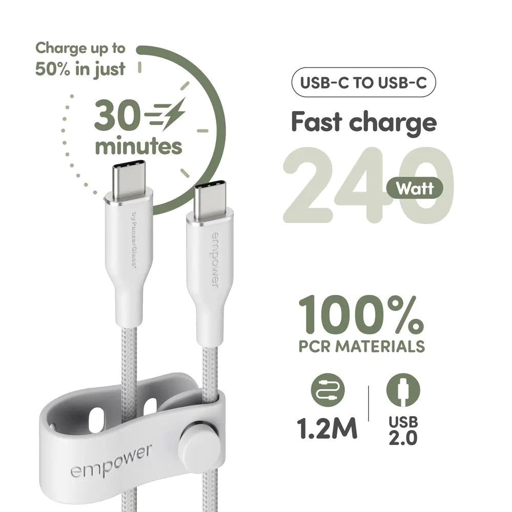 empower by PanzerGlass Racing 1.2m / 240W USB-C til USB-C Kabel - Silver White