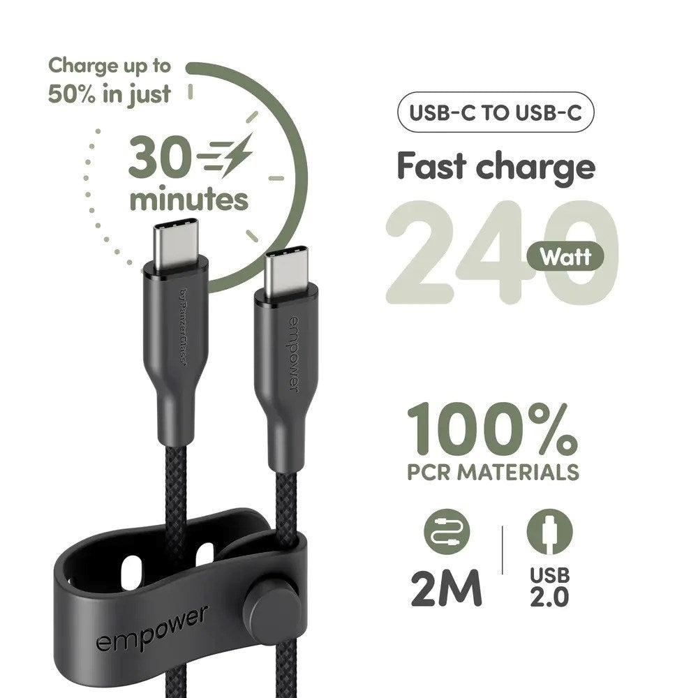 empower by PanzerGlass Racing 2m / 240W USB-C til USB-C Kabel - Space Black