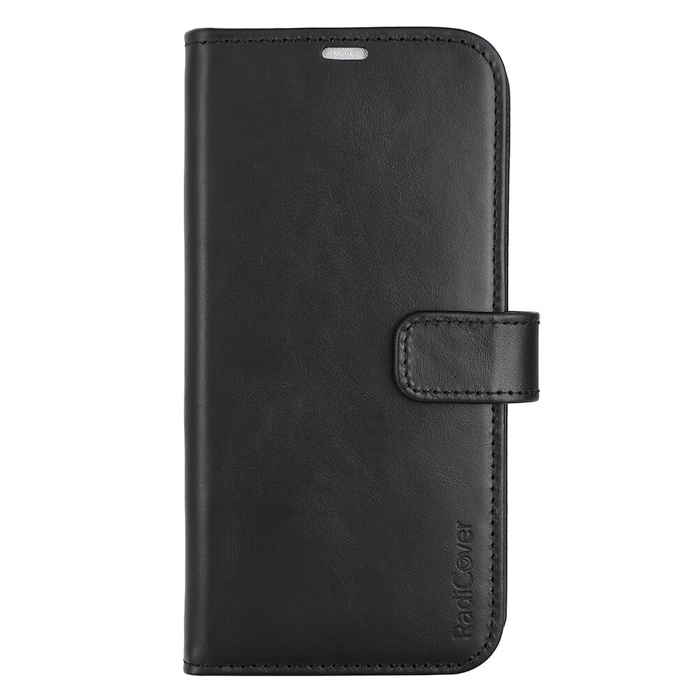 RadiCover Exclusive 2-in-1 iPhone 14 Plus - Ægte Læder Flip Cover - 86% Strålingsbeskyttelse - Sort