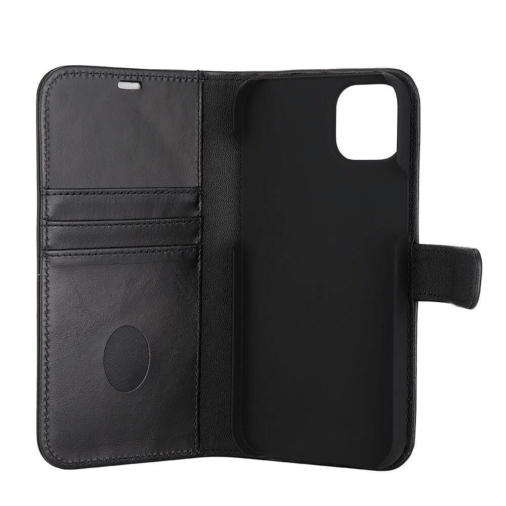 RadiCover Exclusive 2-in-1 iPhone 14 Plus - Ægte Læder Flip Cover - 86% Strålingsbeskyttelse - Sort