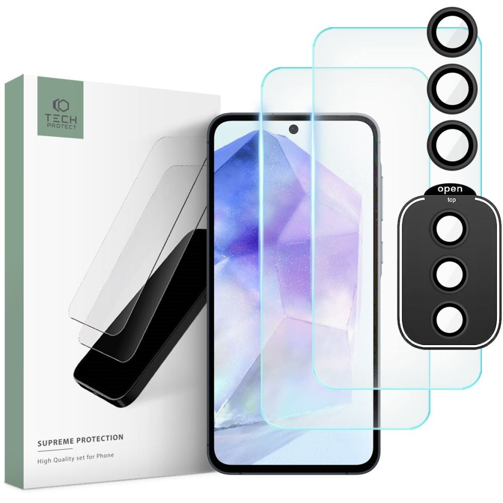 Samsung Galaxy A55 (5G) Tech-Protect Supreme Protection Set med 2 x skjermbeskytter og kameralinsebeskytter - gjennomsiktig