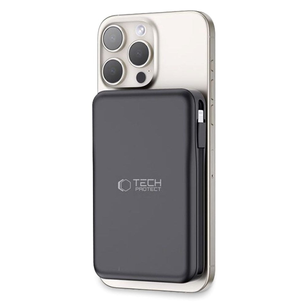 Tech-Protect LifeMag 10.000mAh PowerBank med Integreret USB-C- og Lightning Kabel & USB-A- og USB-C Stik - MagSafe Kompatibel - Sort