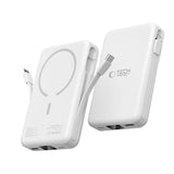 Tech-Protect LifeMag 10 000 mAh PowerBank med integrert USB-C og Lightning-kabel og USB-A og USB-C-kontakter - MagSafe-kompatibel - Hvit