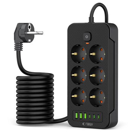 Tech-Protect PC6X6 Power Strip med USB- og Type-C-porter 6 stikkontakter 200 cm - Svart