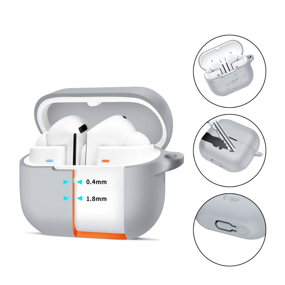 Tech-Protect Samsung Galaxy Buds 3/3 Pro silikonkrokdeksel med karabinkrok - grå