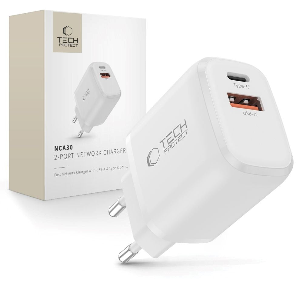 Tech-Protect Vægoplader m. 30W - 1 x USB-A (QC) & 1 x USB-C (PD) - Hvid