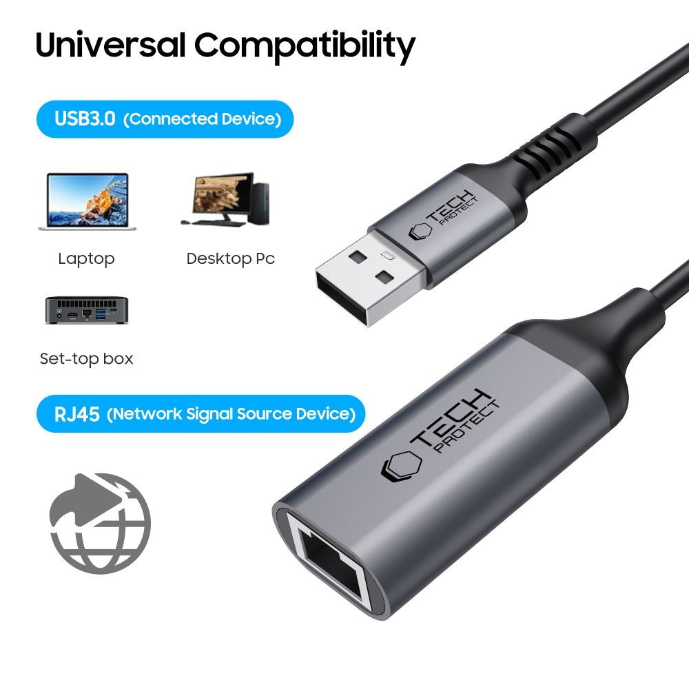 Tech-Protect USB-A 3.0 til Ethernet RJ45 Ultraboost Adapter - 1000Mbps - Sort