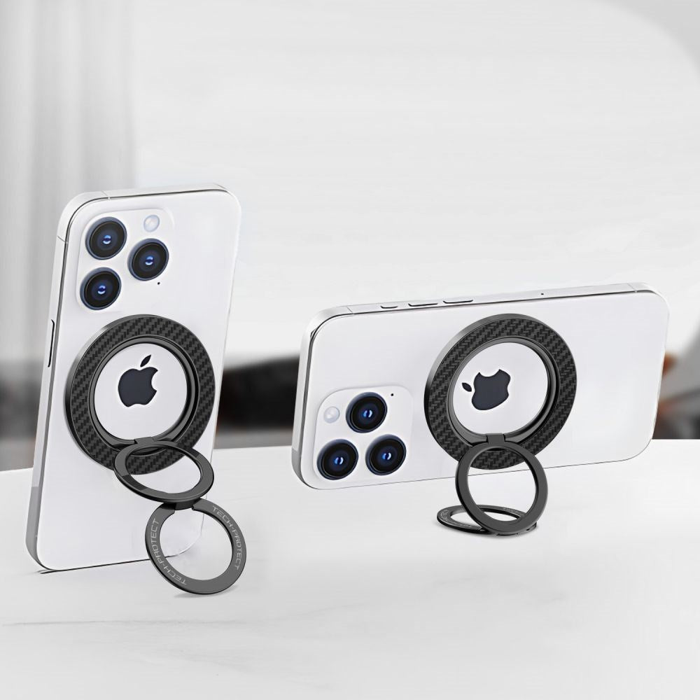 Tech-Protect Magnetisk Ring Holder til Mobil m. Carbon Design - MagSafe Kompatibel - Sort
