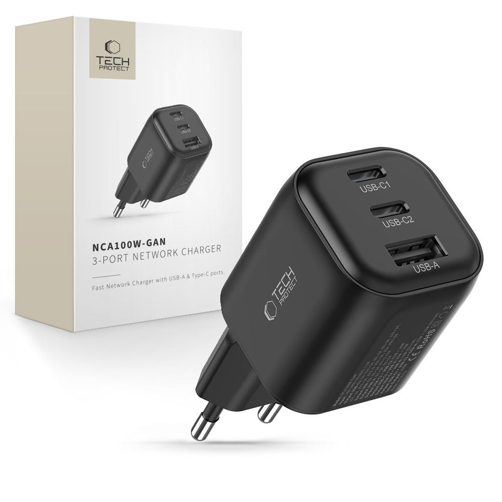Tech-Protect 100W Vægoplader m. 1 x USB-A & 2 x USB-C - Sort