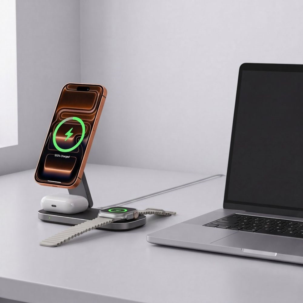 Tech-Protect A52 3-in-1 25W Trådløs Oplader: Smartphone & Smartwatch & Høretelefoner - MagSafe / Qi2 Kompatibel - Mørkegrå