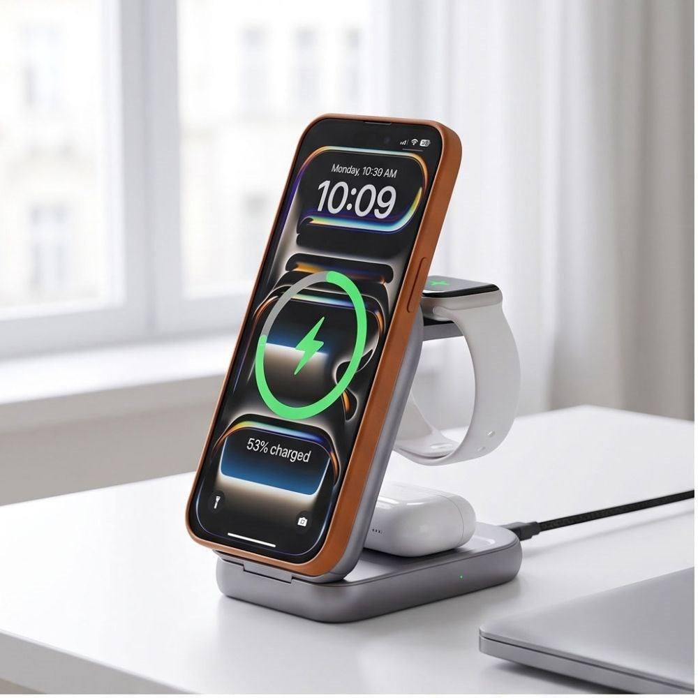 Tech-Protect A53 3-in-1 25W Trådløs Oplader til Smartphone + Smartwatch + Høretelefoner - MagSafe / Qi2 Kompatibel - Mørkegrå