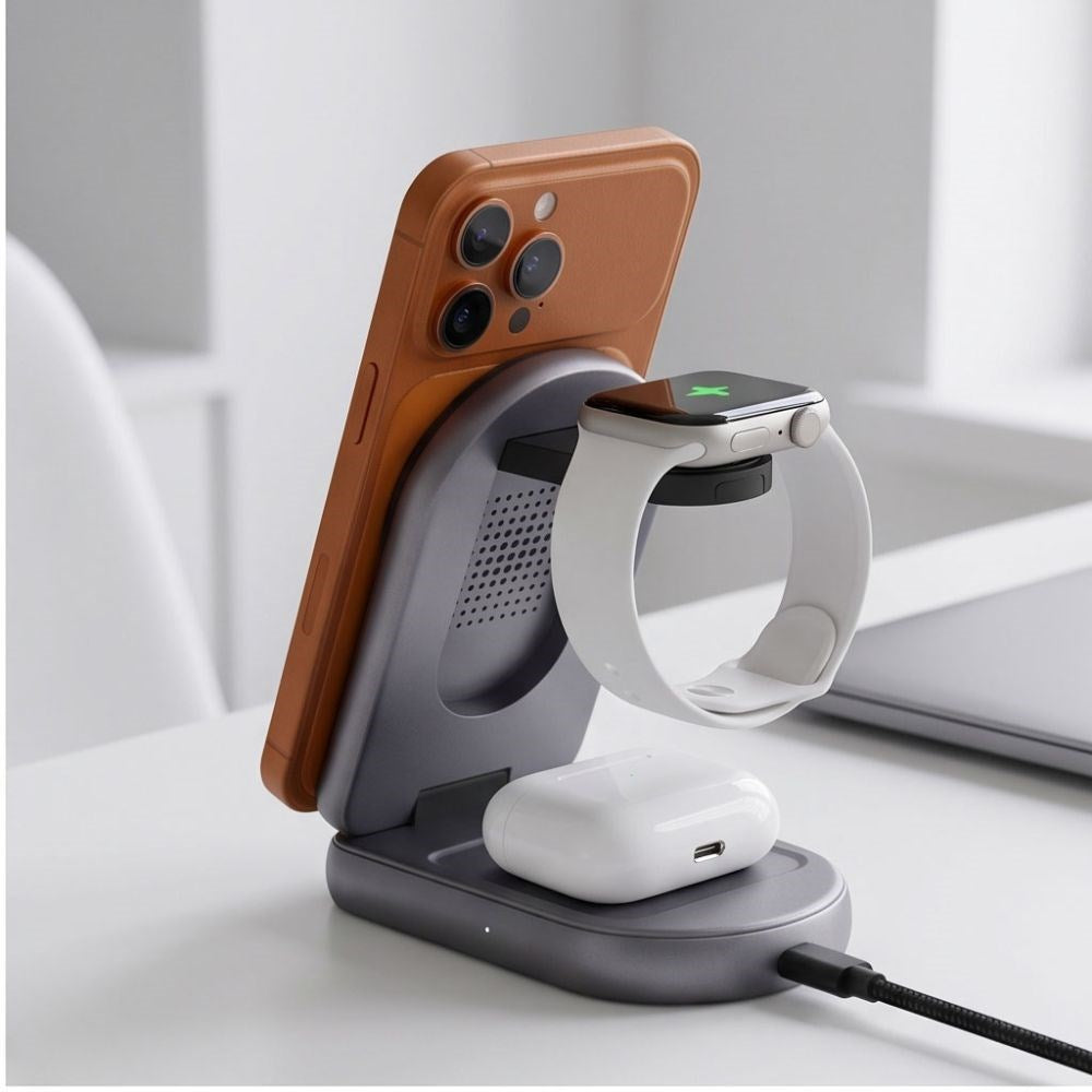 Tech-Protect A53 3-in-1 25W Trådløs Oplader til Smartphone + Smartwatch + Høretelefoner - MagSafe / Qi2 Kompatibel - Mørkegrå