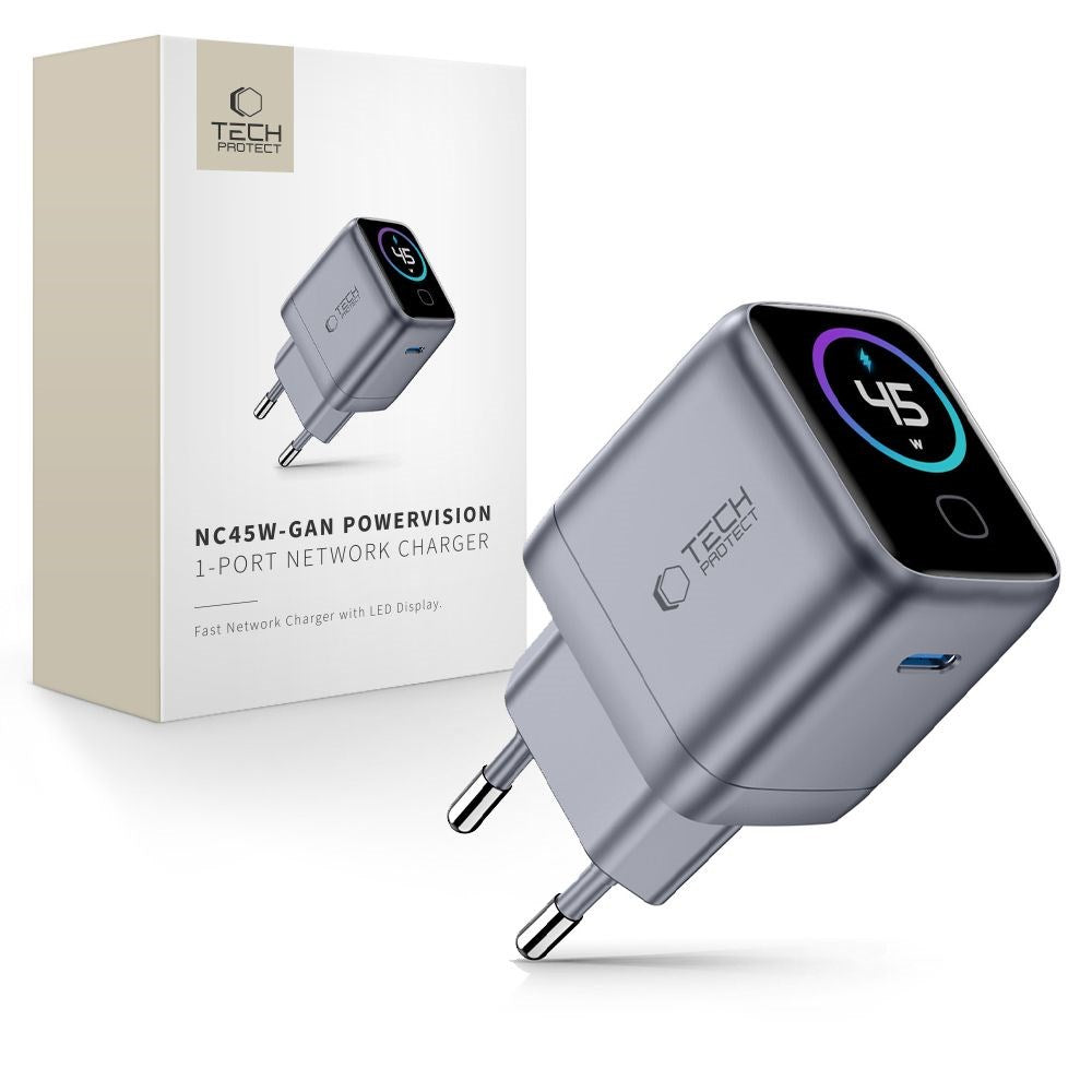 Tech-Protect Hurtig Vægoplader 45W m. USB-C PowerVision NC45W-GaN - Grå