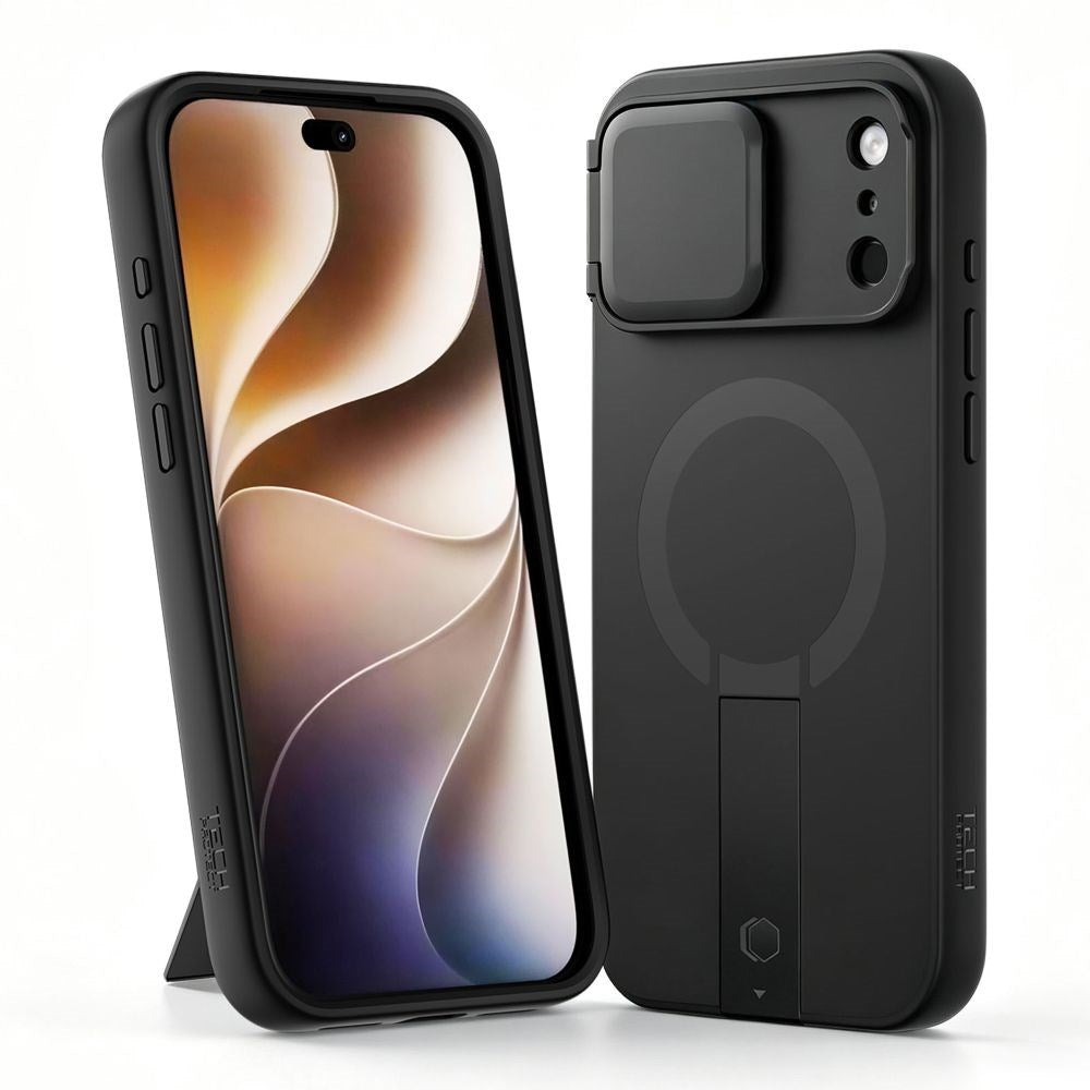Tech-Protect iPhone 18 Pro / 17 Pro Kevlar Aura Mobil Cover med Ståfunktion og Cam Slider - MagSafe Kompatibel - Sort