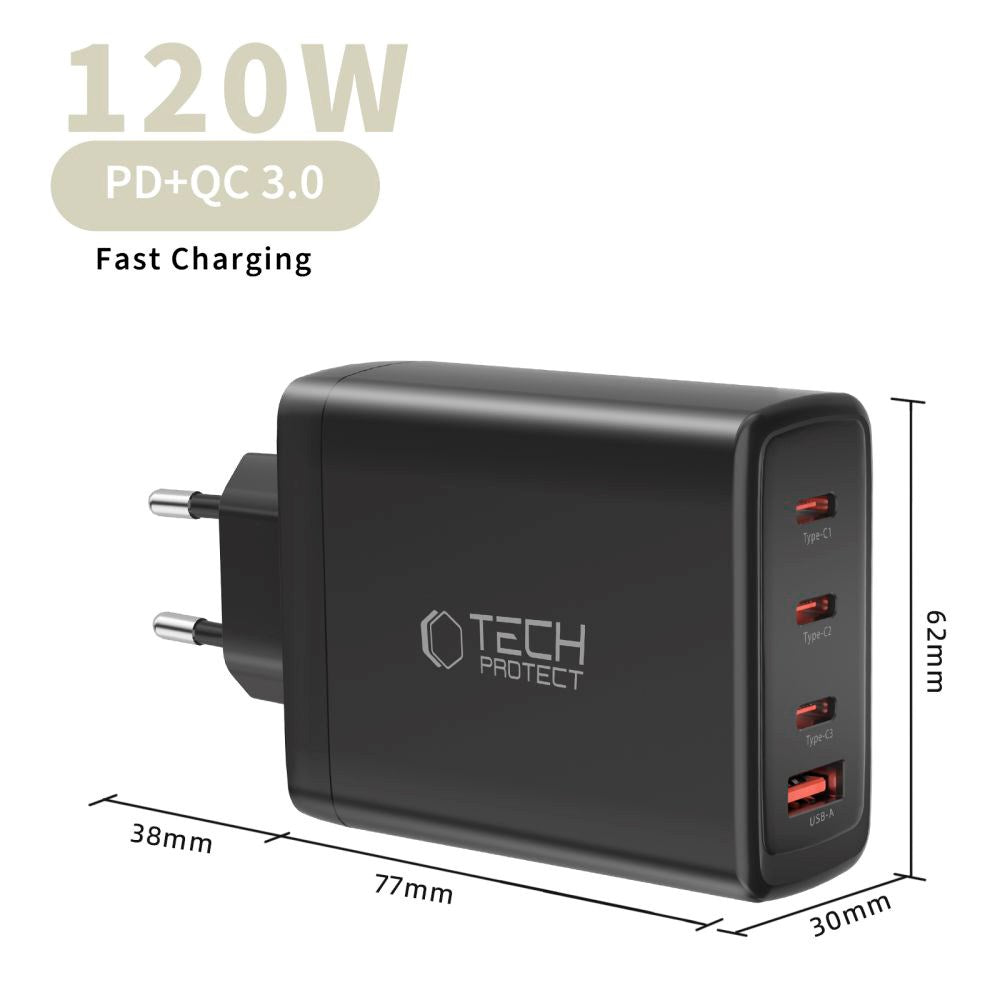Tech-Protect Vægoplader m. 1 x USB-A & 3 x USB-C - 120W - Sort