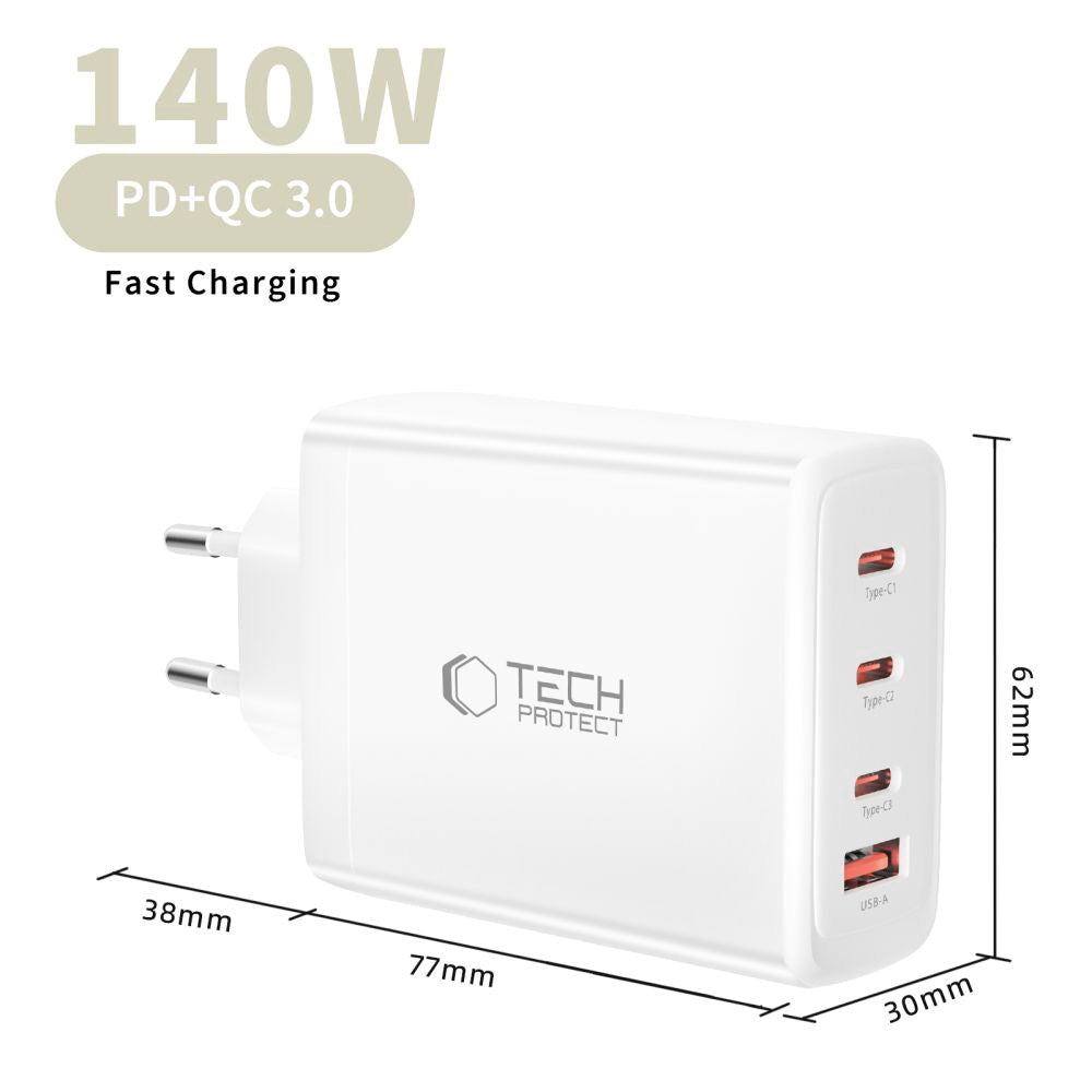 Tech-Protect Vægoplader m. 1 x USB-A & 3 x USB-C - 140W - Hvid