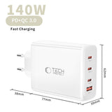 Tech-Protect Vægoplader m. 1 x USB-A & 3 x USB-C - 140W - Hvid