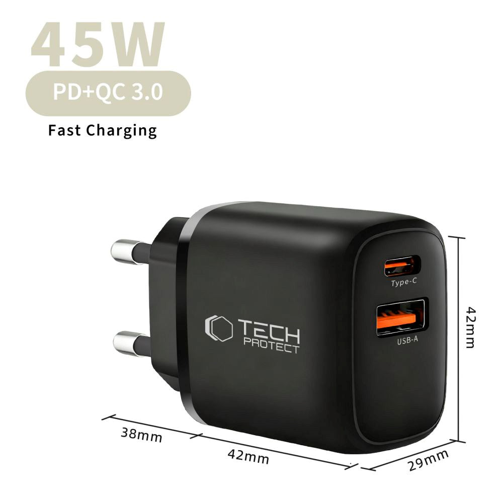Tech-Protect Vægoplader m. 1 x USB-A / 1 x USB-C / 1 x USB-C til USB-C Kabel - 45W - Sort